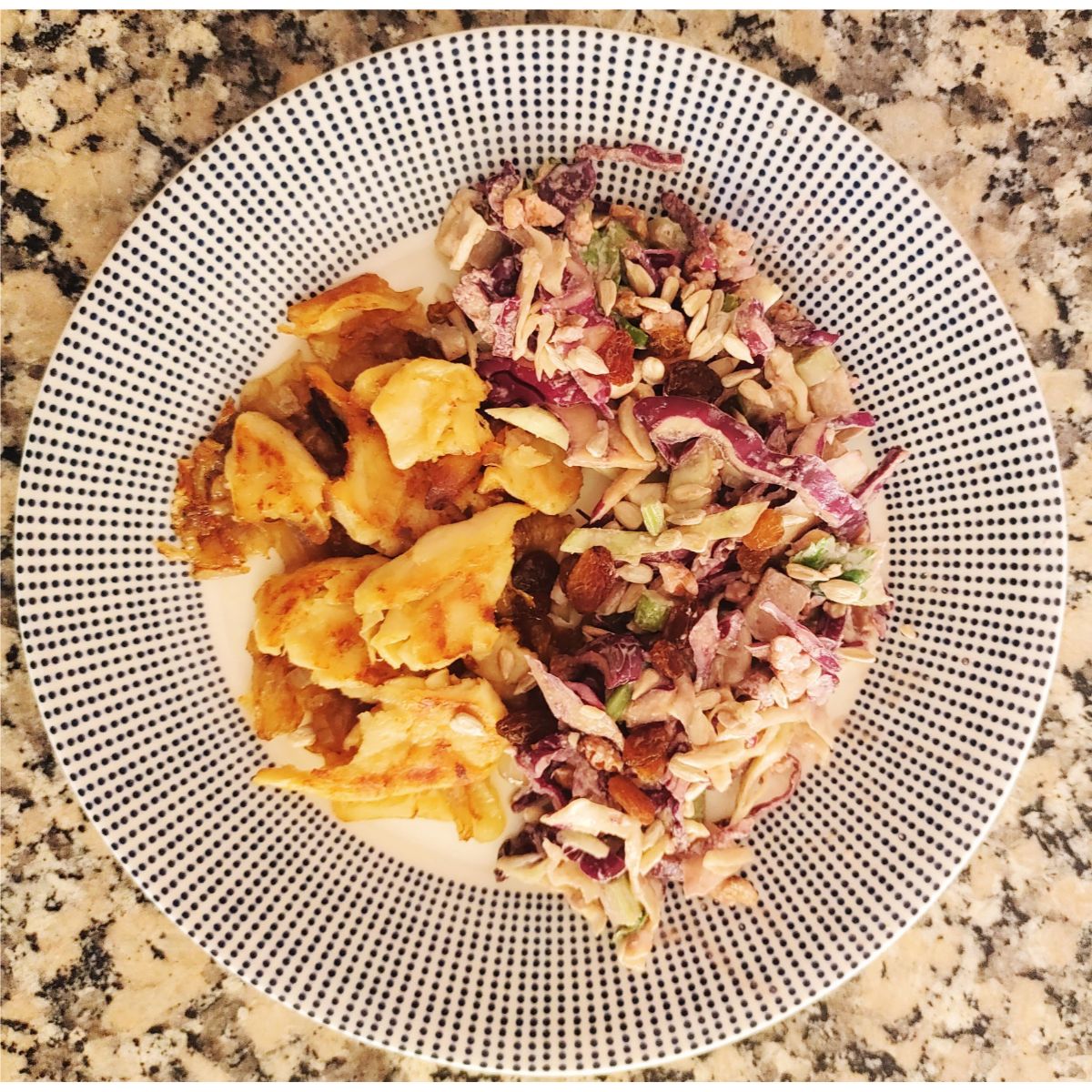 caramelised onions with vegan waldorf salad and heura chicken