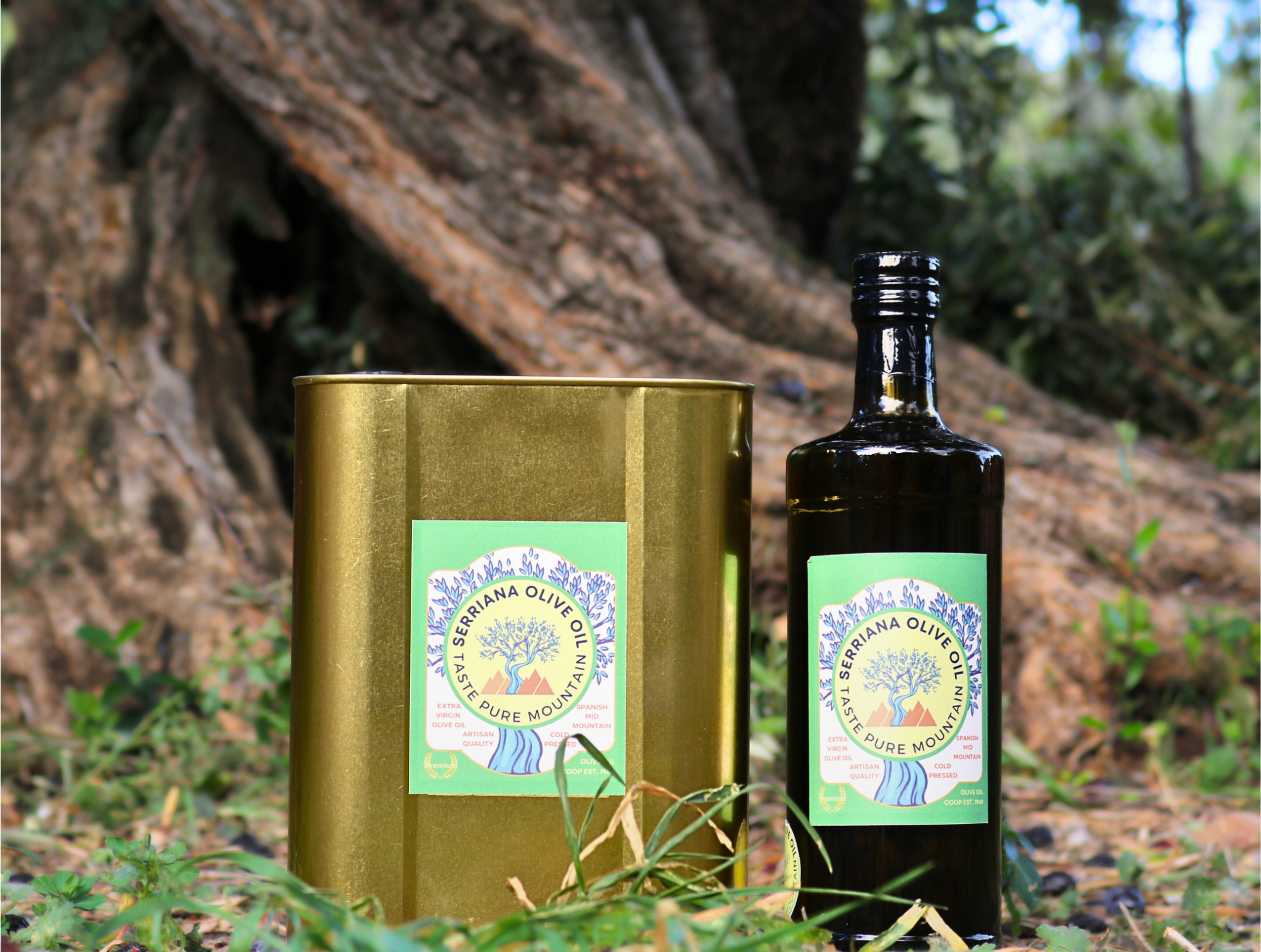 Serriana Olive Oil refill can and bottle in olive grove